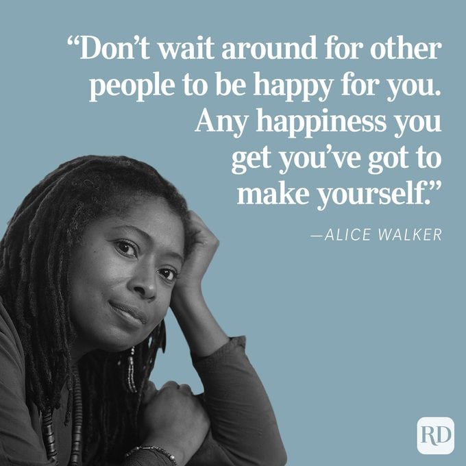 Person resting head on hand, with inspirational quote about self-made happiness by Alice Walker, on a blue background.
